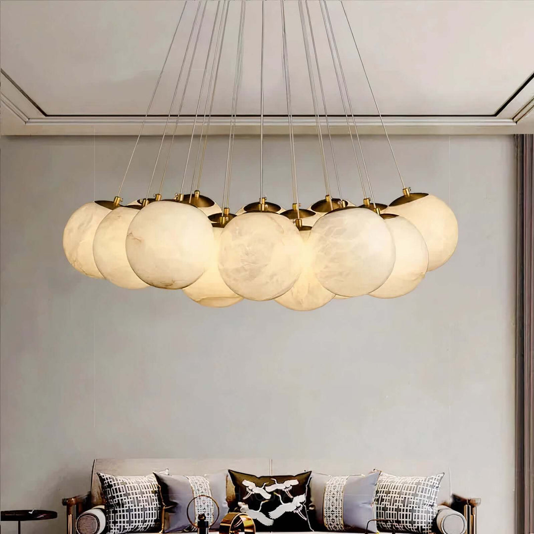 Wood Chandelier - Bubble Chandelier with elegant ball shades casting soft light in a stylish interior.