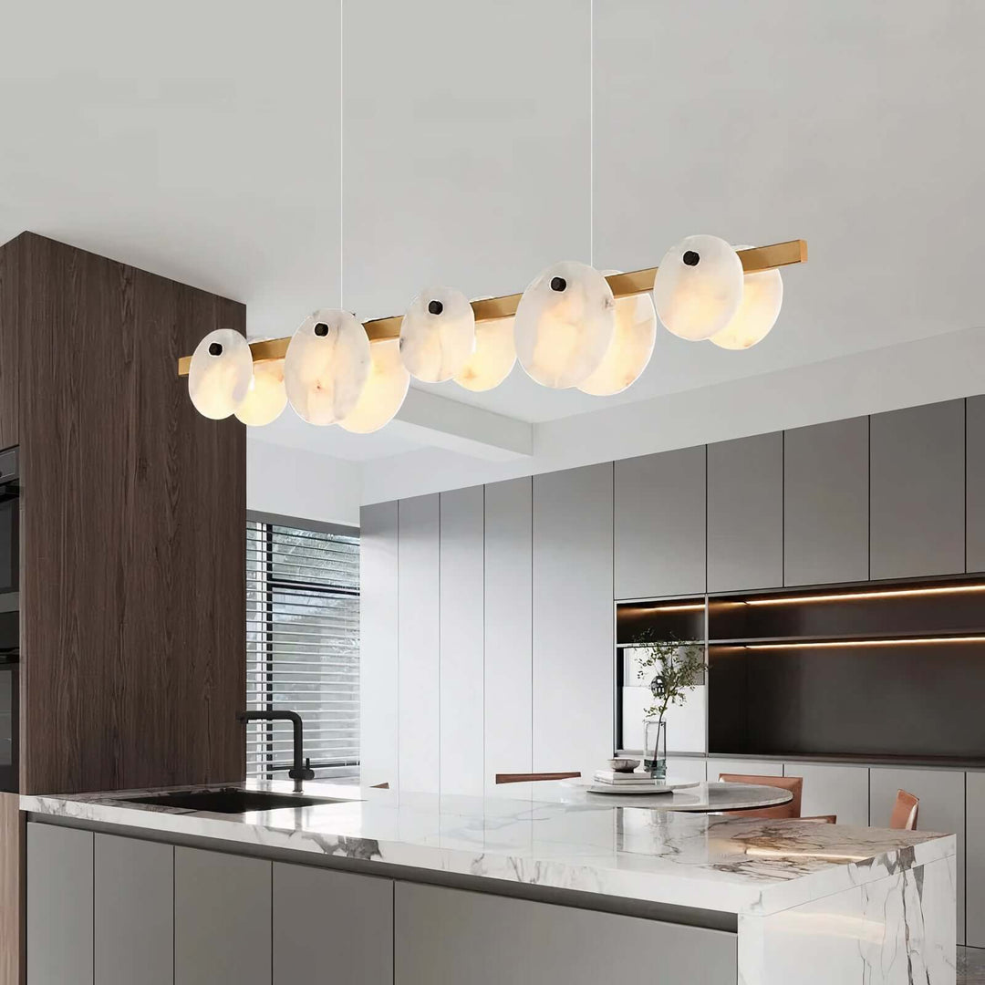 Foyer Chandelier - Linear Chandelier Dining Room with alabaster marble and circular disks in modern kitchen.