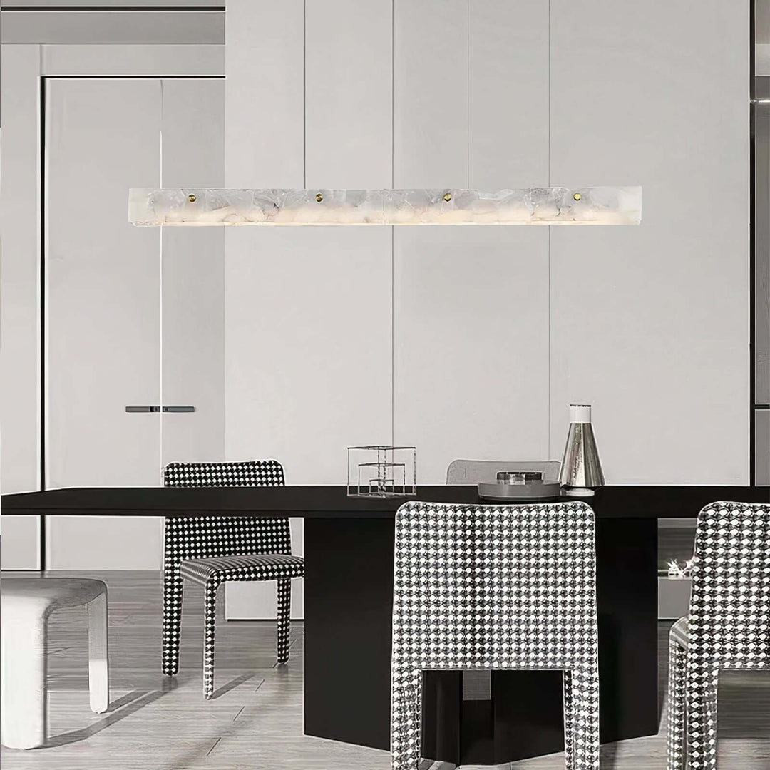 White Pendant Light - Modern LED Ceiling Light illuminating a sleek dining area with modern furniture.