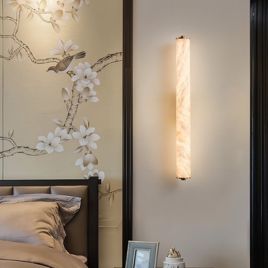 LED Lighting Wall Art - LED Light On Wall illuminating a stylish bedroom with floral wallpaper and elegant decor.