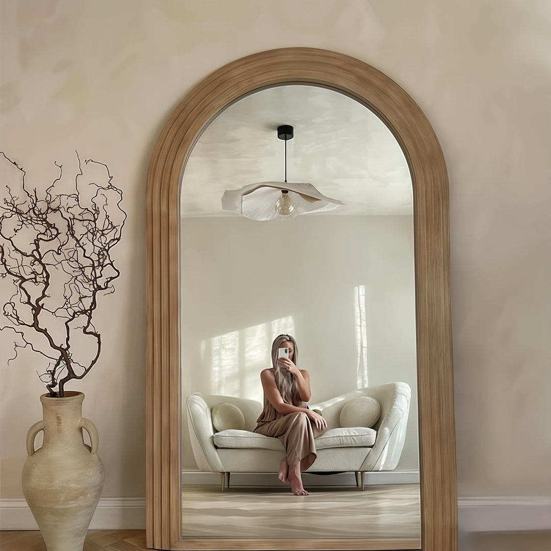 Large Floor Mirror - Arched Mirror reflecting a stylish interior with a vintage touch in an entryway setting.