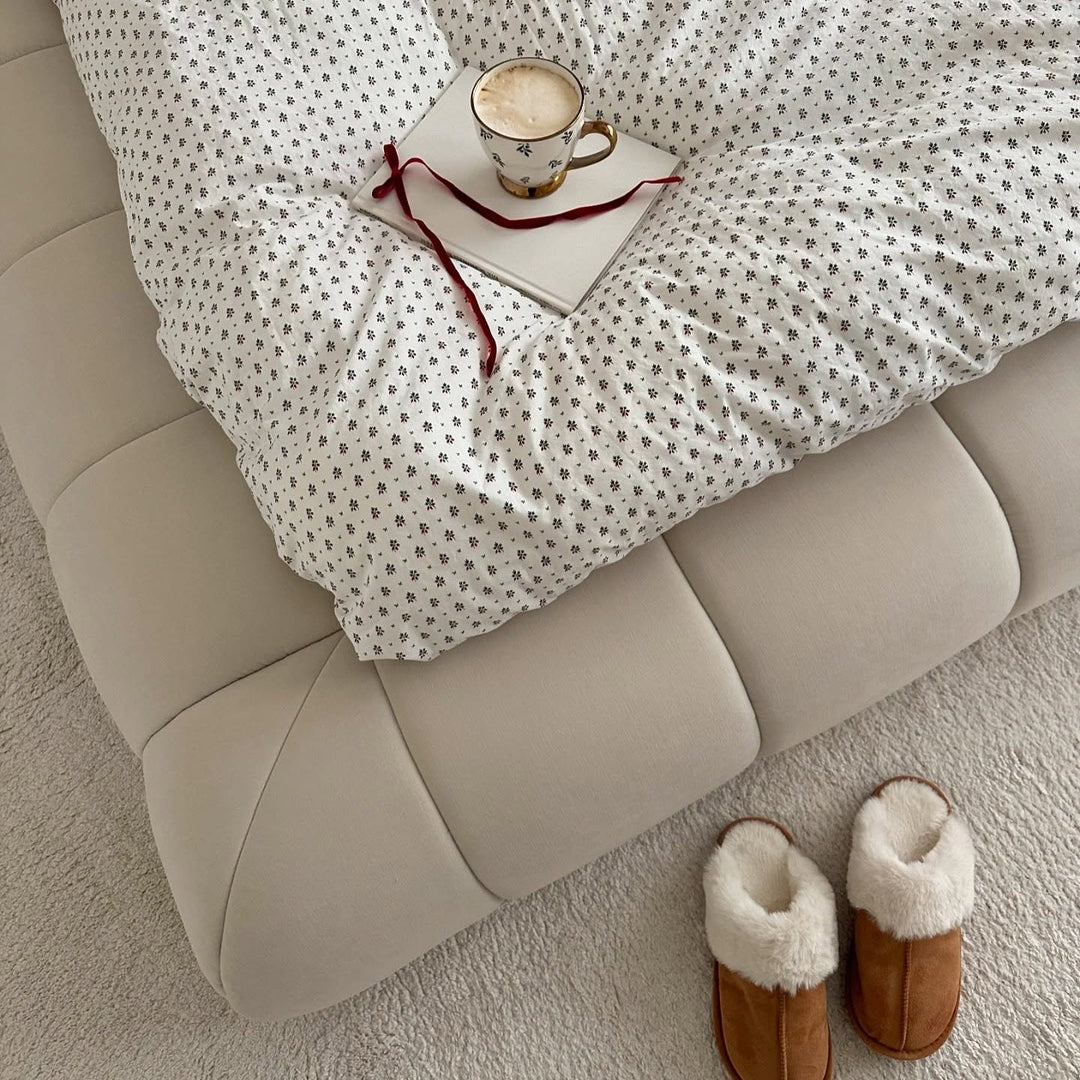 Queen Bed Frame With Headboard - Queen Beds Queen with cozy bedding, a cup of coffee, and fluffy slippers.