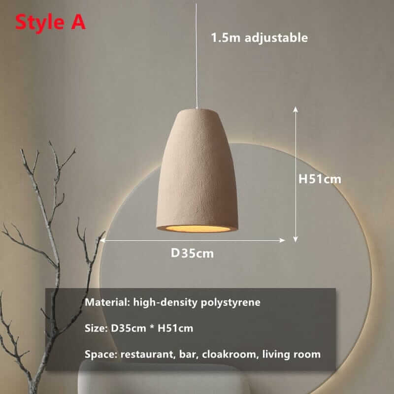 Wabi Sabi Pendant Light showing adjustable height, designed for restaurants and living rooms, made of high-density polystyrene.