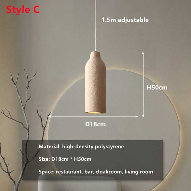 Wabi Sabi Pendant Light showing adjustable height, dimensions, and material details for stylish living room lighting.