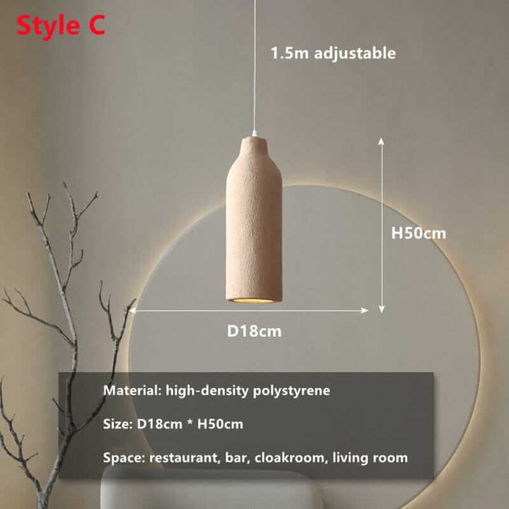 Wabi Sabi Pendant Light showing adjustable height, dimensions, and material details for stylish living room lighting.