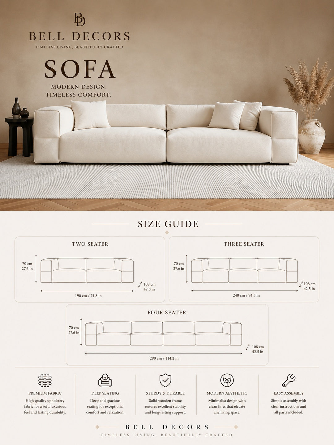 White Fabric Sofa | Cream Upholstered Couch — Organic Modern Living Room