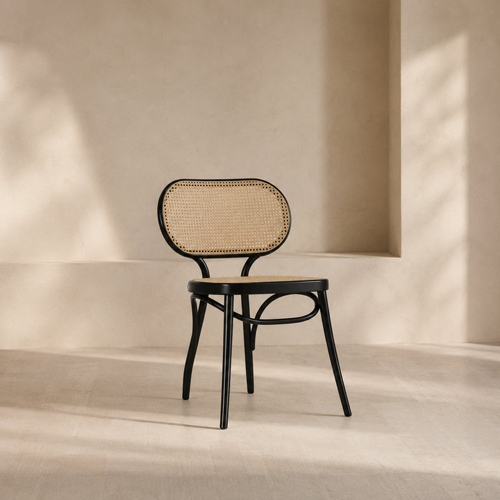 Black Wood Dining Chair - Natural Woven Design