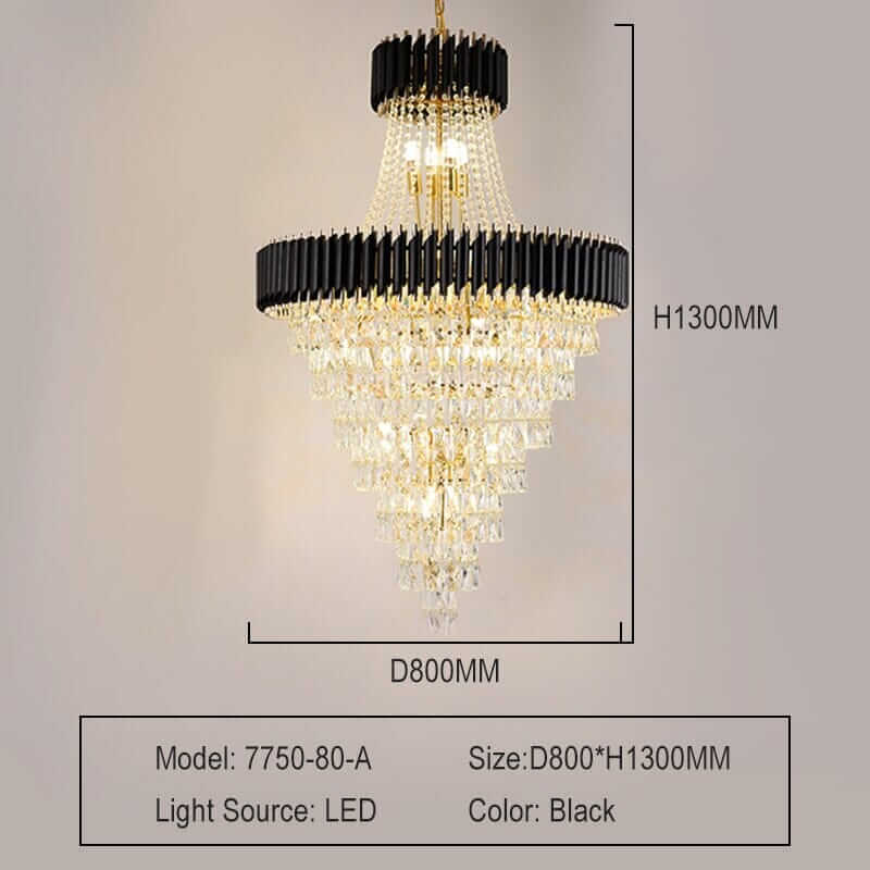 Merindah Modern Duplex Black Crystal Chandelier showcasing a luxurious design with LED lighting and stunning crystal details.