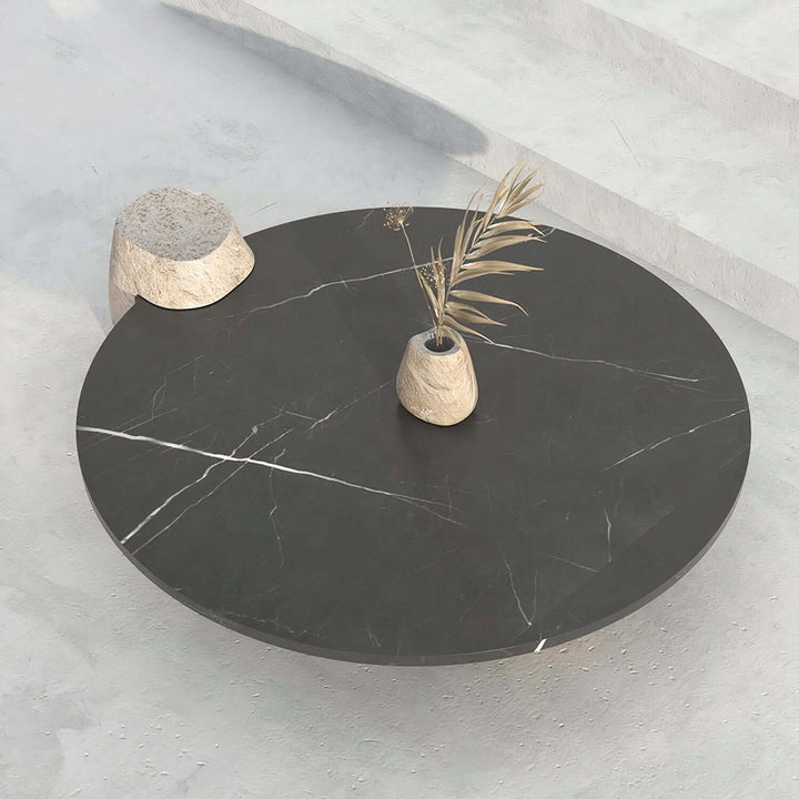 Black Coffee Table - Marble Coffee Table with a round black marble top and unique stone legs.