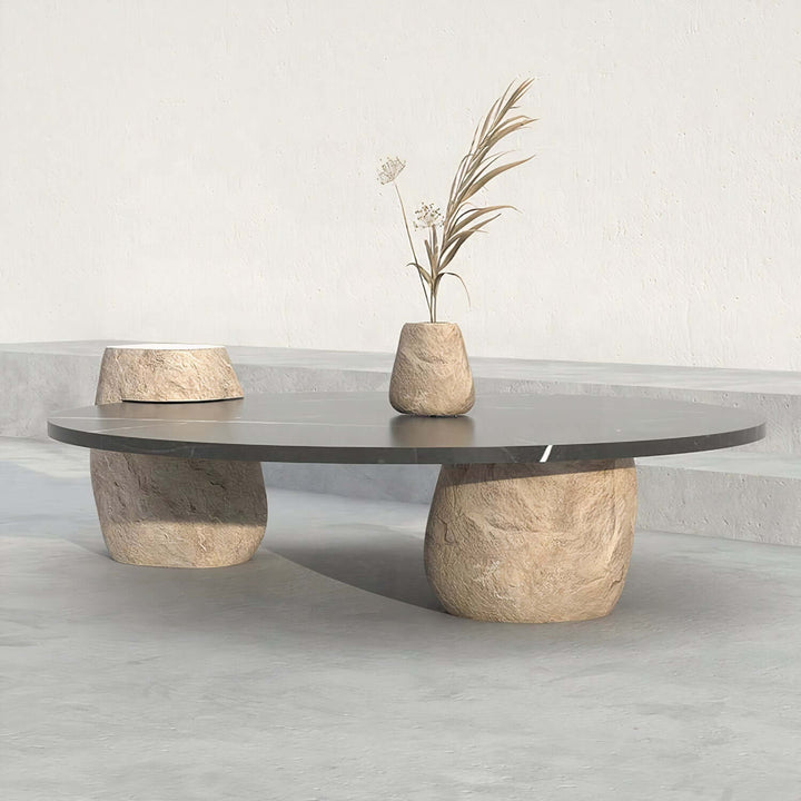 Black Coffee Table - Marble Coffee Table featuring a sleek black marble top and sculptural stone legs.