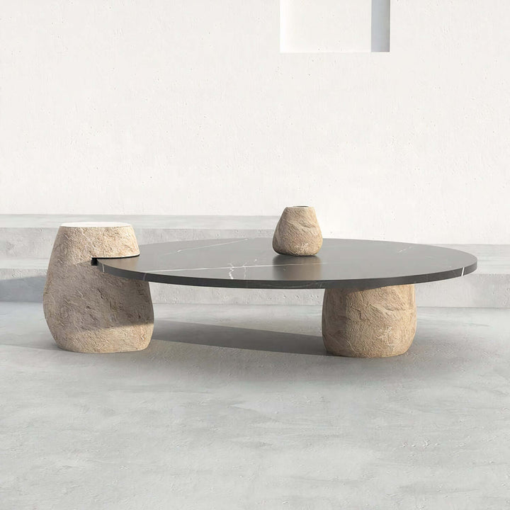 Black Coffee Table - Marble Coffee Table featuring a sleek marble top and natural stone legs in a modern living room setting.