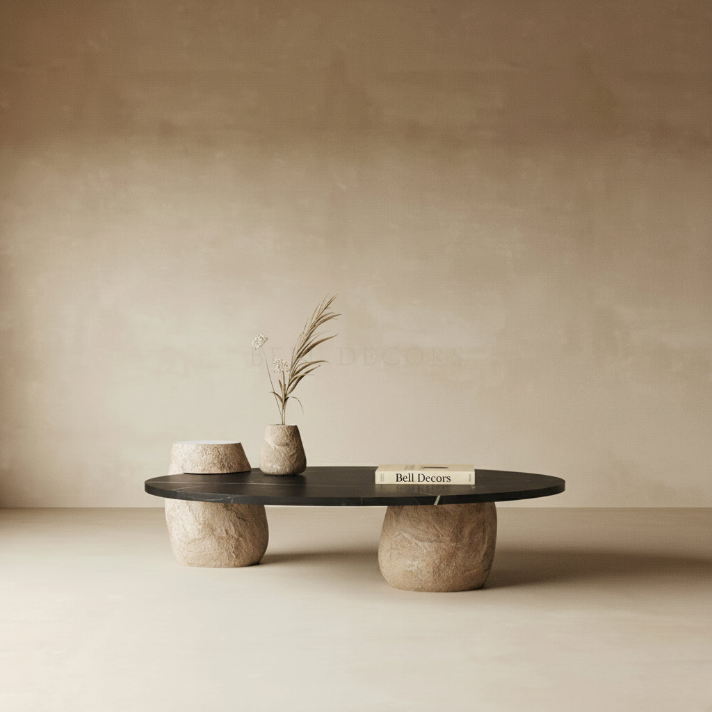 Black Coffee Table - Marble Coffee Table featuring natural stone legs and a sleek black marble top.
