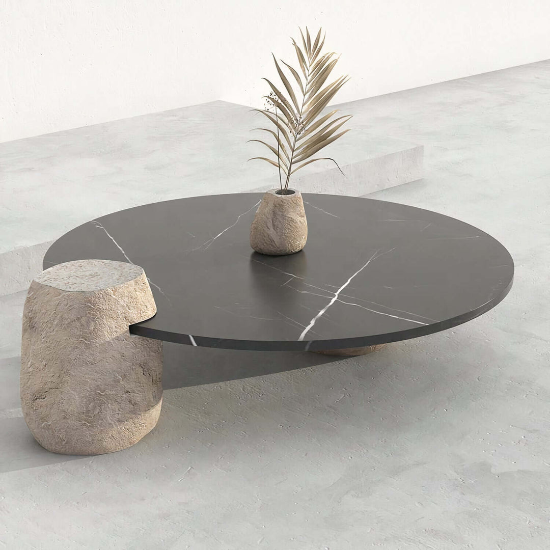 Black Coffee Table - Marble Coffee Table with natural stone legs and a sleek black marble top.