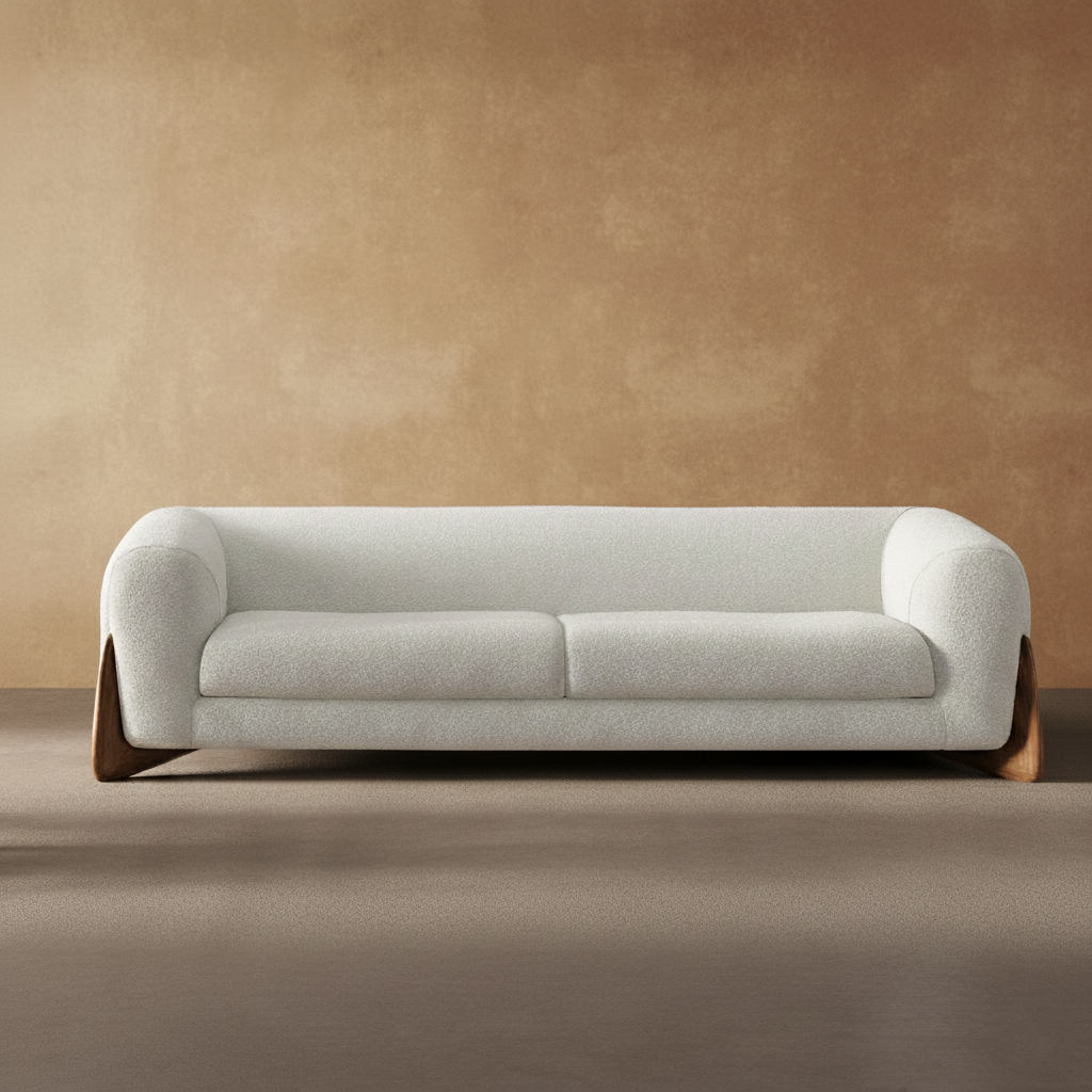 Boucle Sofa | Cream Couch With Wood Legs — Organic Modern Living Room
