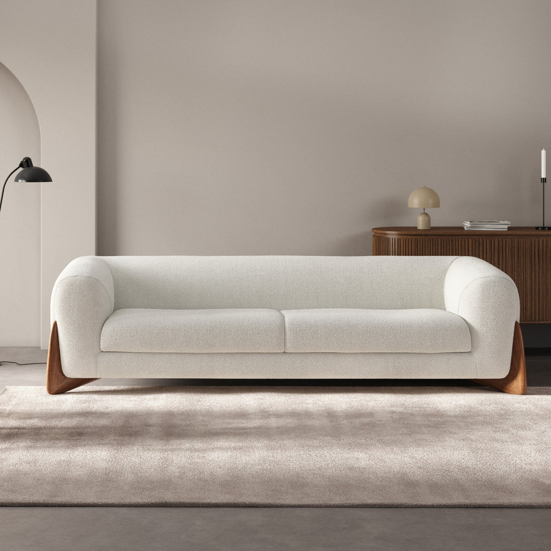 White bouclé sofa