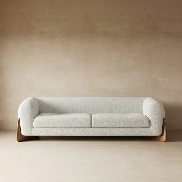 Boucle Sofa | Cream Couch With Wood Legs — Organic Modern Living Room