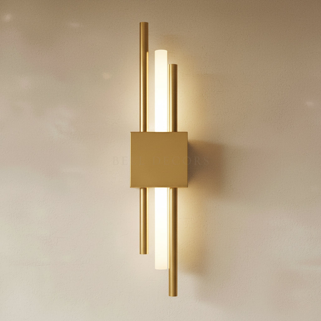 Gold Wall Light - Sleek Yet Contemporary design featuring elegant gold bars and LED bulb for modern lighting.
