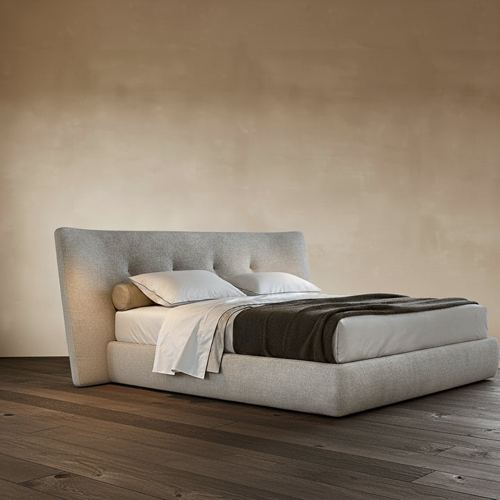 King Bed Beds - California King Bed in light grey linen with elegant curved backrest and cozy bedding.