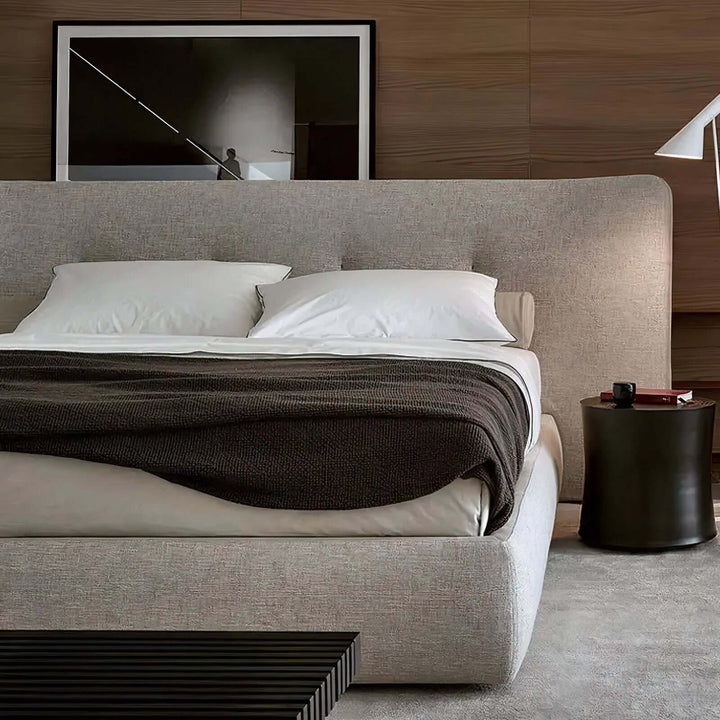 King Bed Beds - California King Bed in light grey linen with curved backrest for luxury and comfort.