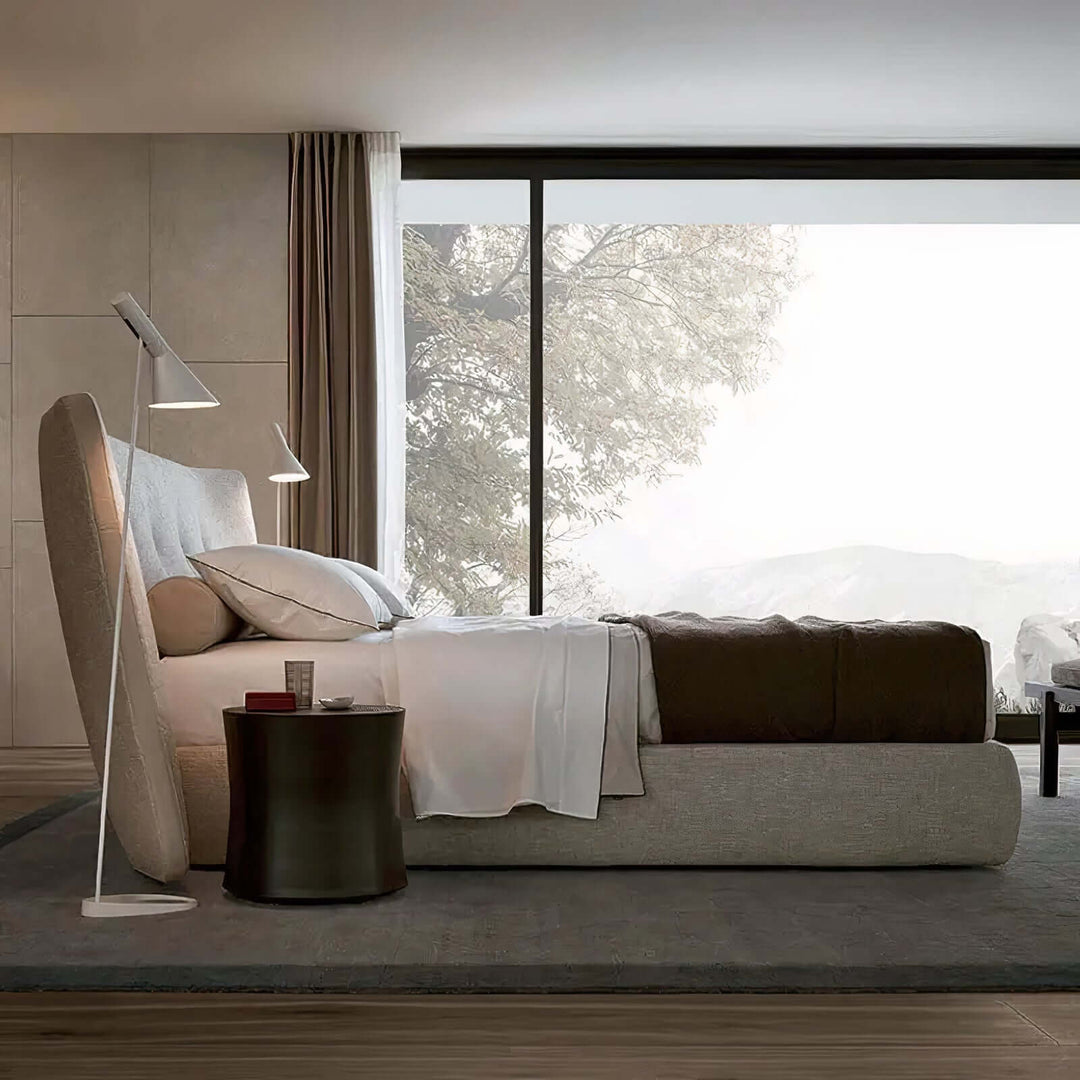 King Bed Beds - California King Bed in a modern bedroom with a light grey linen finish and elegant design.