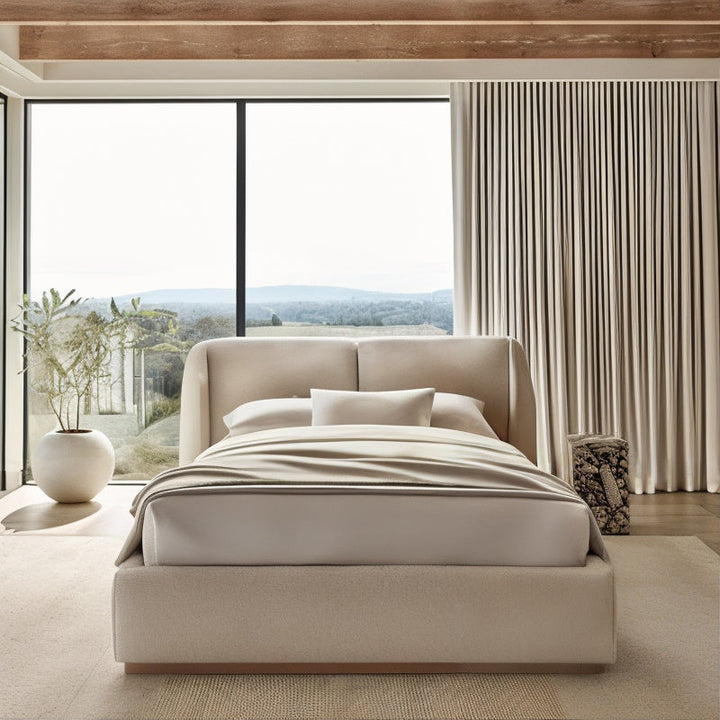 California King Bed - Queen Size Bed featuring luxurious bouclé upholstery in a modern bedroom setting.