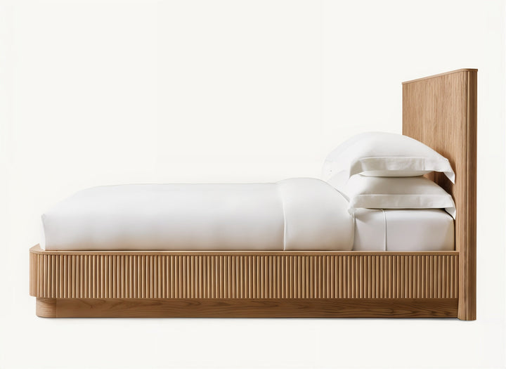 California King Bed - Queen Bed Frame With Headboard showcasing handcrafted solid oak design and elegant fluted reeds.