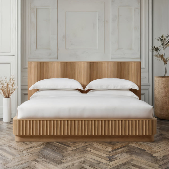 California King Bed - Queen Bed Frame With Headboard featuring a stylish fluted design and upholstered cushions.