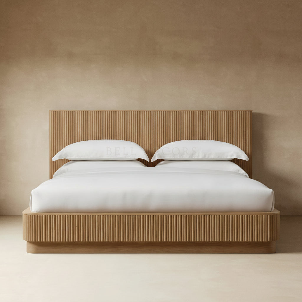 California King Bed - Queen Bed Frame With Headboard featuring fluted reeds and white bedding.