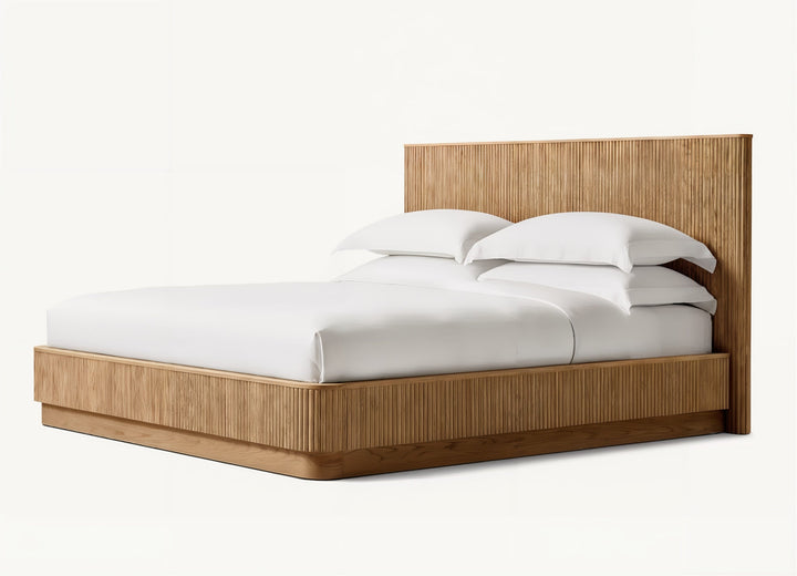 California King Bed - Queen Bed Frame With Headboard showcasing a solid oak design and fluted reeds for elegance.