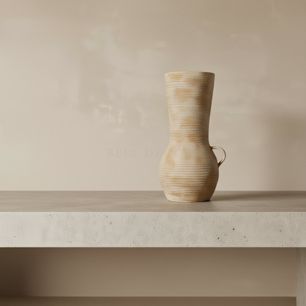 Ceramic Vases - Decorative Vases showcasing a beige ceramic vase on a minimalist shelf, highlighting Nordic design.