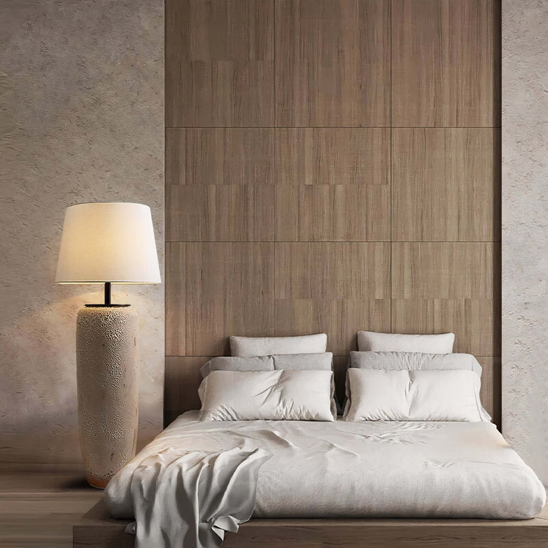 Art Deco Floor Lamp - Minimalistic & Contemporary illuminating a modern bedroom with elegance.
