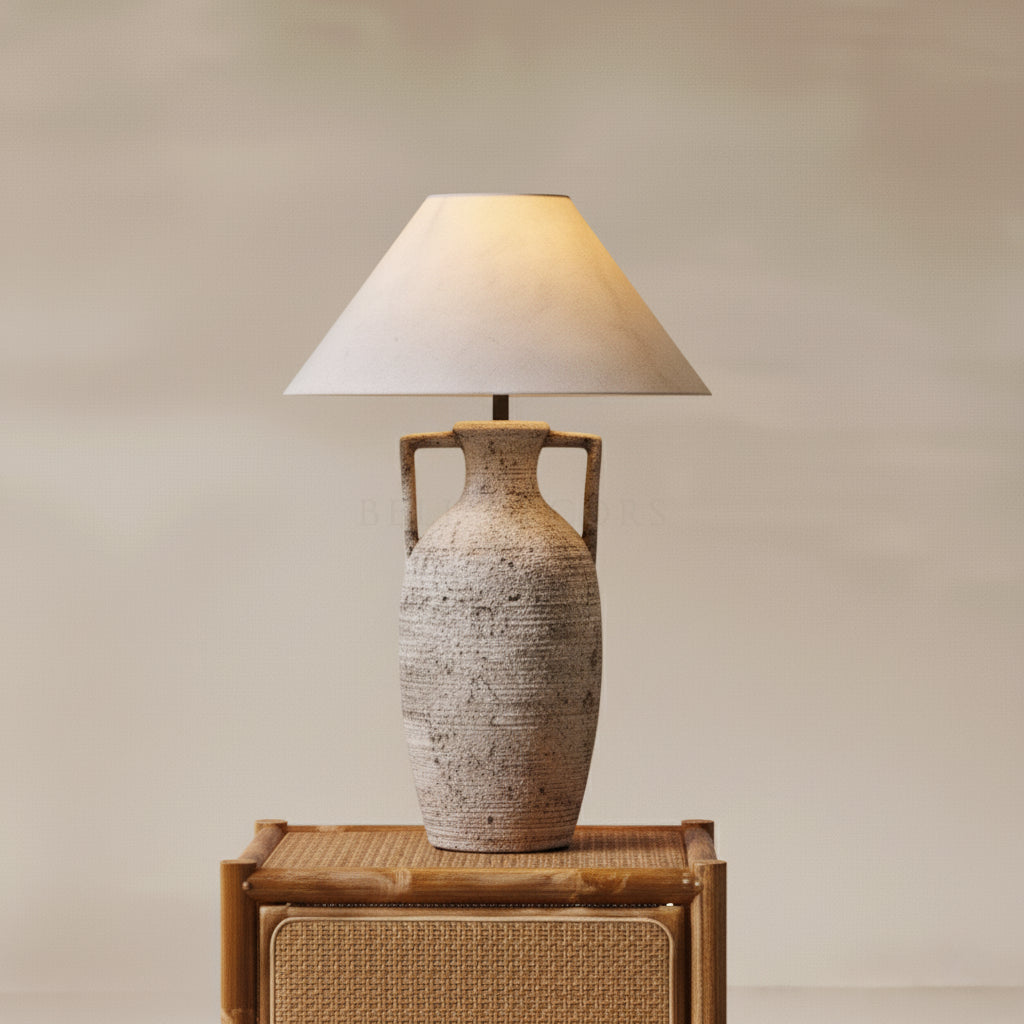 Mid Century Table Lamp - Imperfectly Perfect on a wooden table, showcasing earthy tones and minimalist design.