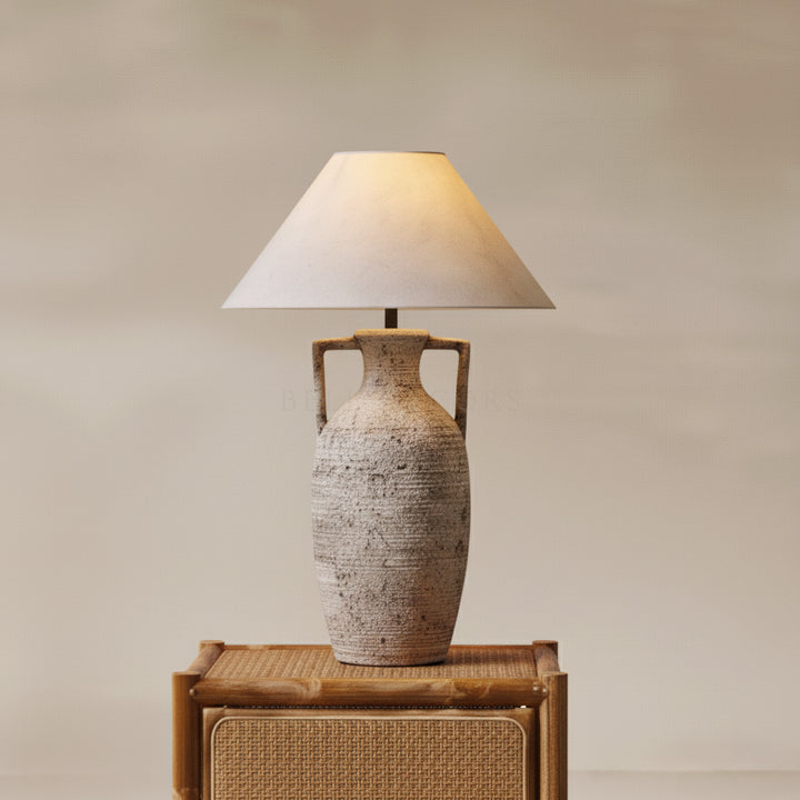 Mid Century Table Lamp - Imperfectly Perfect on a wooden table, showcasing earthy tones and minimalist design.