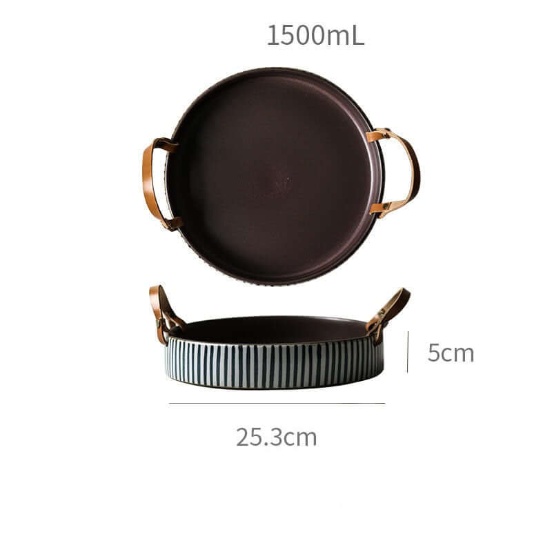 Ceramic Serving Tray | Round Dish with Leather Handles — Japandi Kitchen