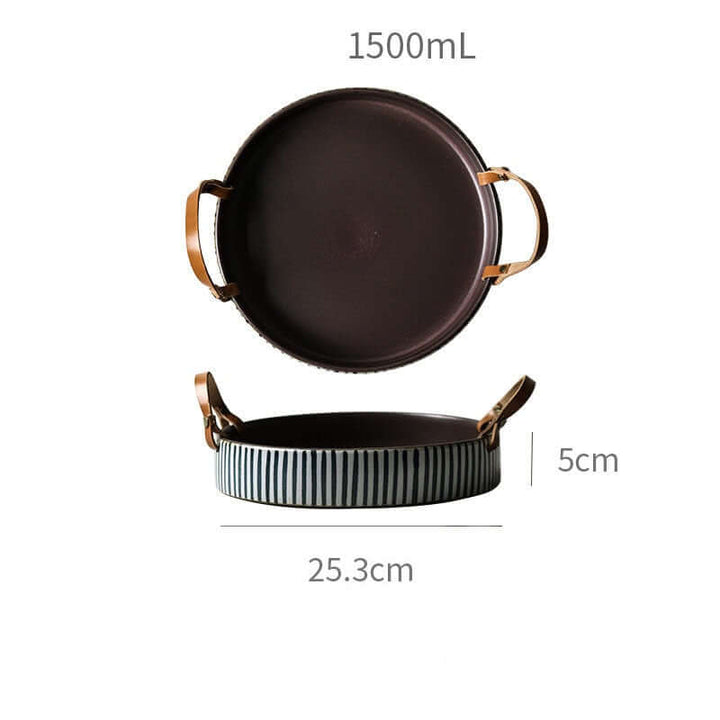 Ceramic Serving Tray | Round Dish with Leather Handles — Japandi Kitchen