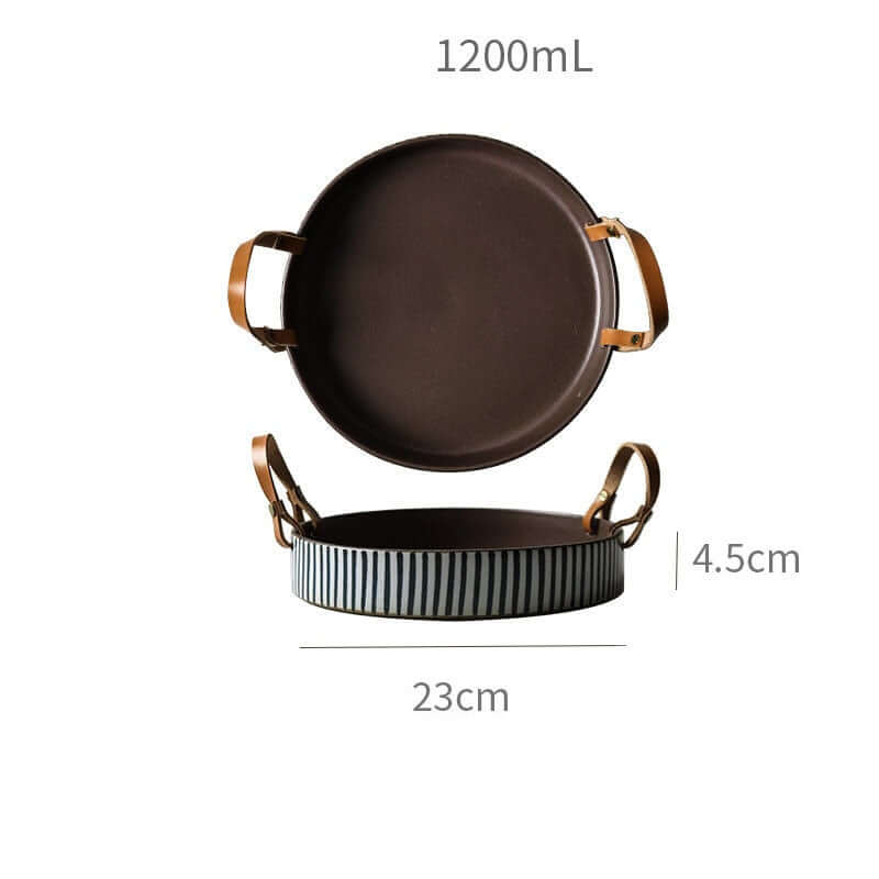 Ceramic Serving Tray | Round Dish with Leather Handles — Japandi Kitchen
