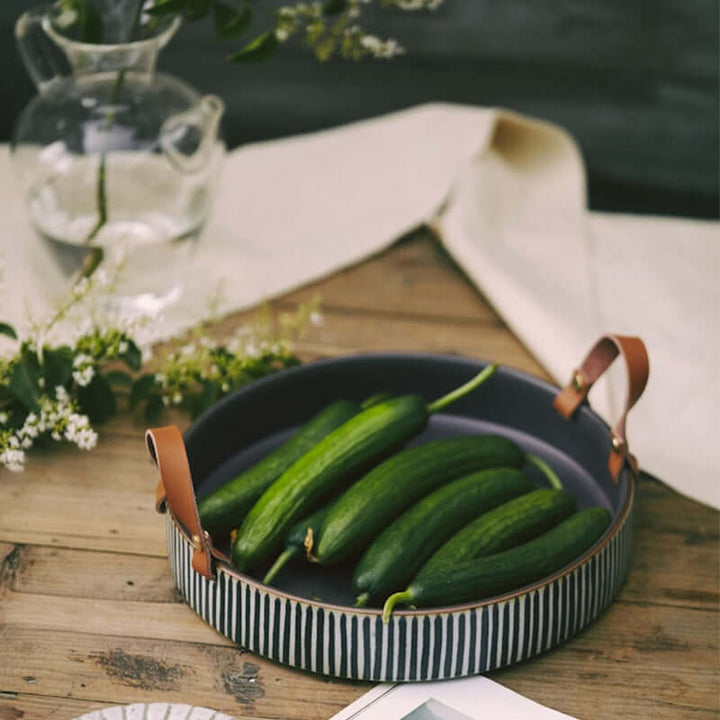 Ceramic Serving Tray | Round Dish with Leather Handles — Japandi Kitchen