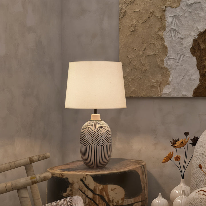 Mid Century Table Lamp - Artistic Centerpiece illuminating a cozy corner with natural pottery and earthy tones.