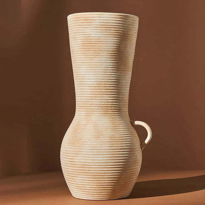 Ceramic Vases - Decorative Vases: Nordic-style ceramic vase with ridged finish in earthy beige color.