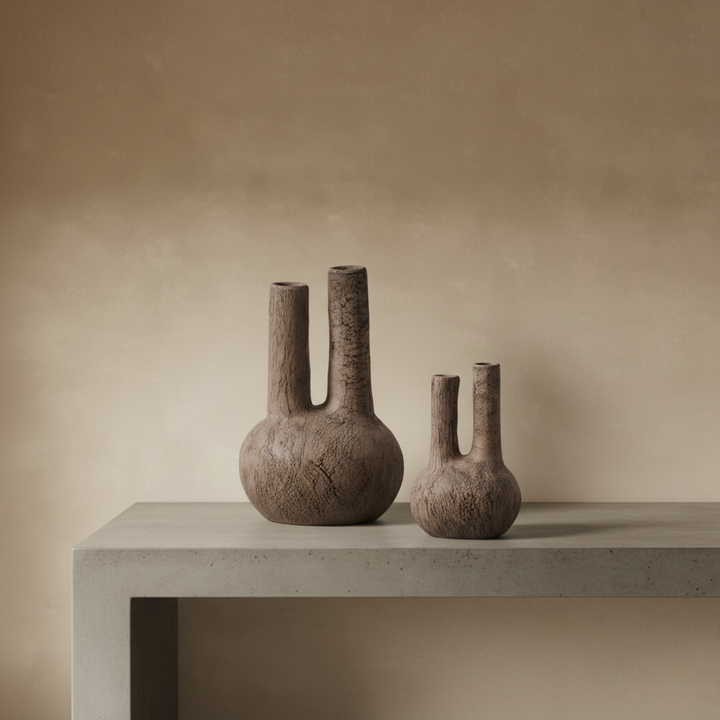 Personal Ornamentation - Brown Ornaments, handcrafted textured ceramic vases on a minimalist table