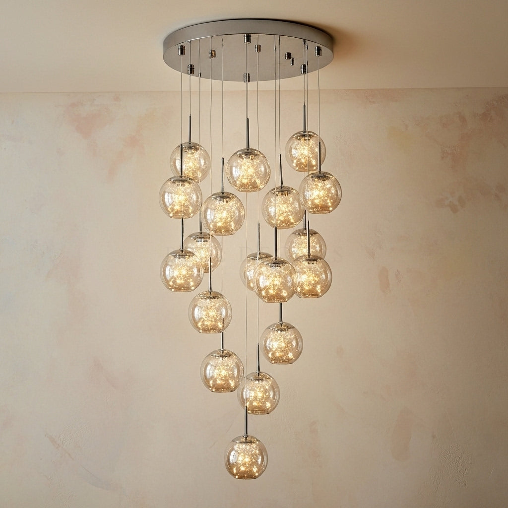 Chandelier with multiple glass bulbs hanging from a ceiling