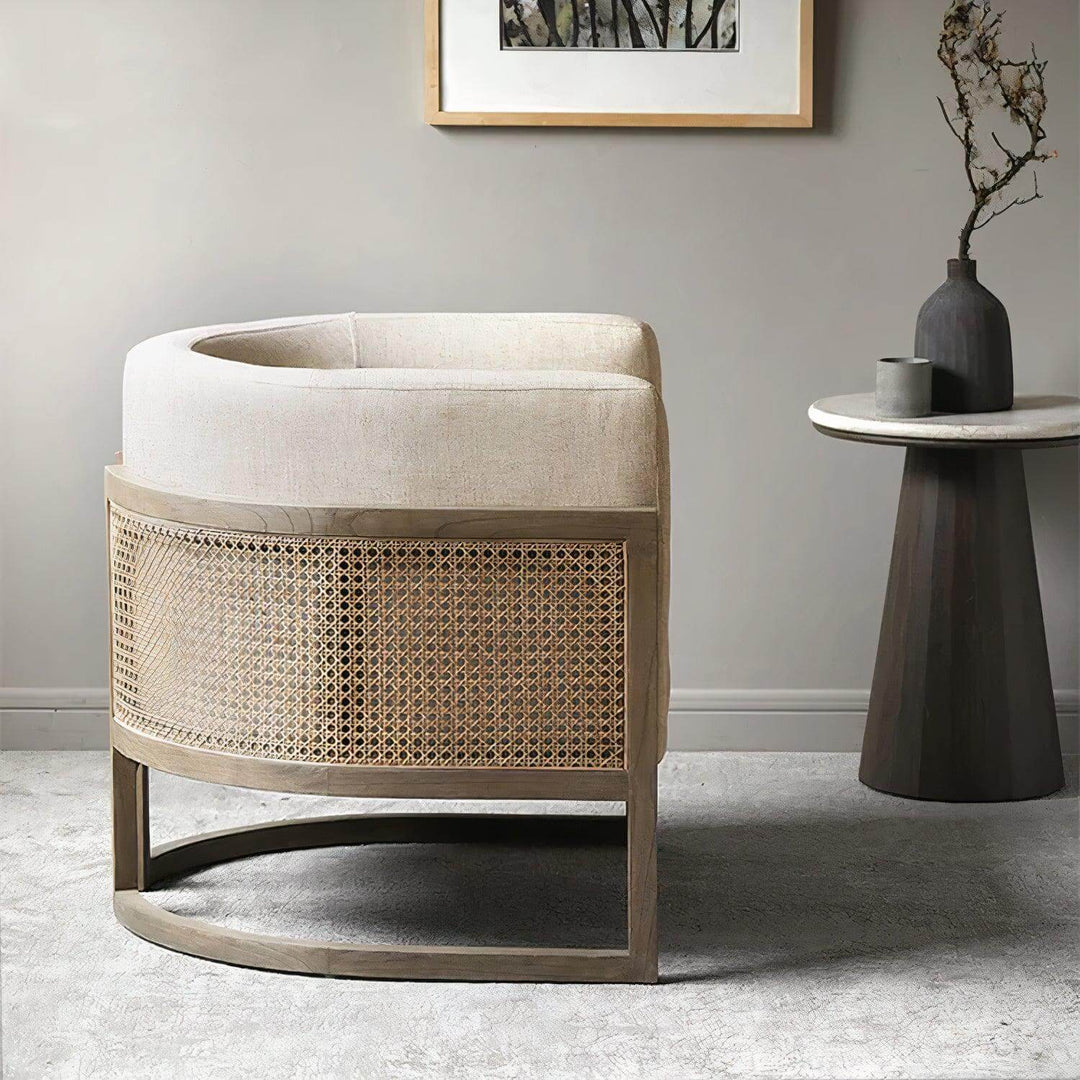 Lounge Chair - Comfortable Reading Chair in rattan design with off-white linen upholstery, perfect for modern living rooms.