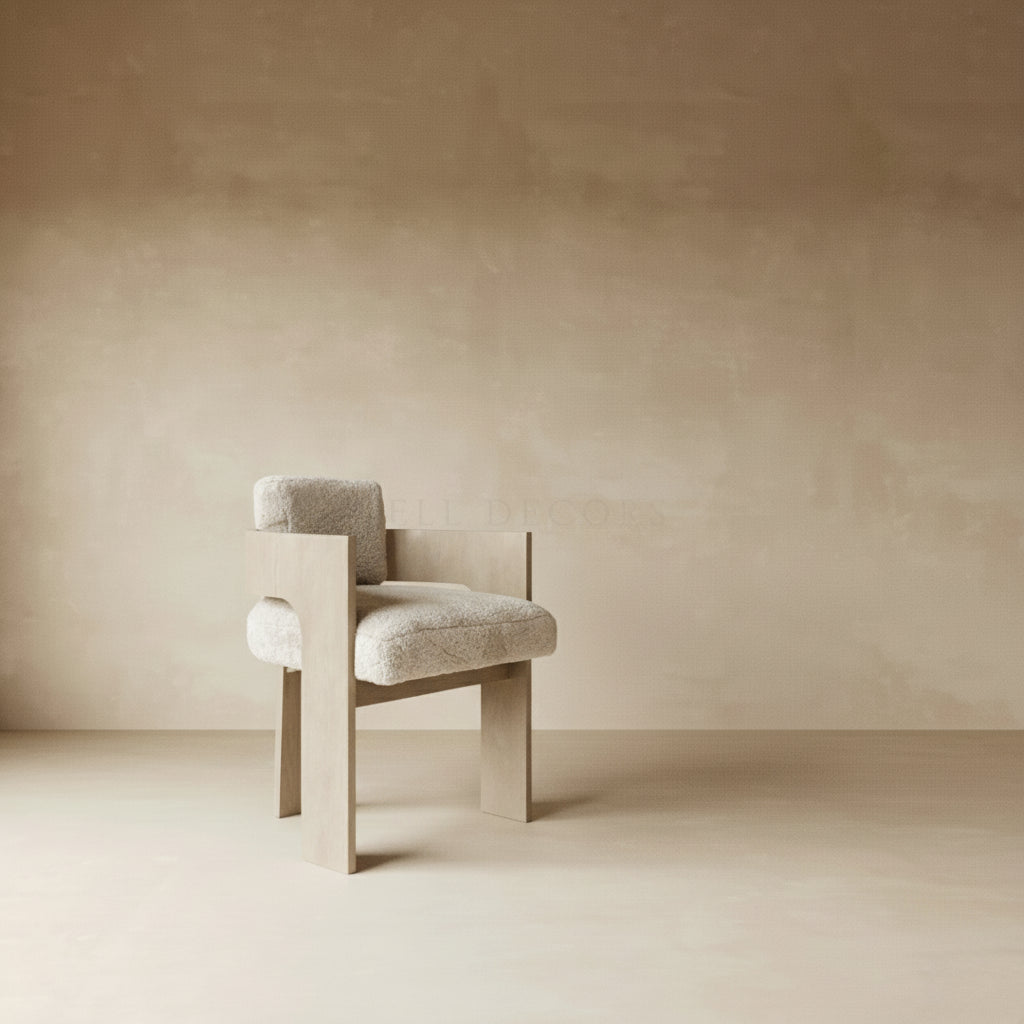Comfortable Reading Armchair - Modern & Luxurious in grey shearling against a minimalist background.