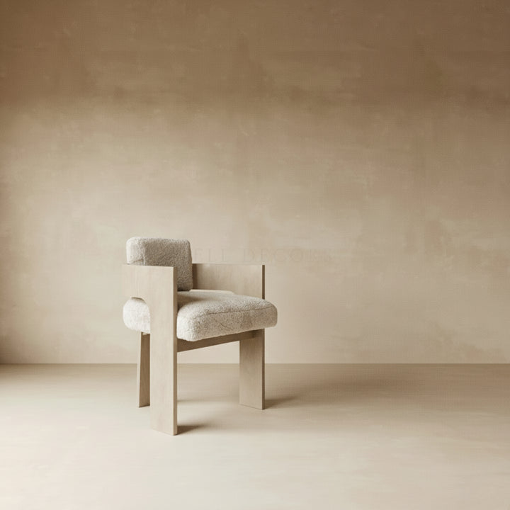 Comfortable Reading Armchair - Modern & Luxurious in grey shearling against a minimalist background.