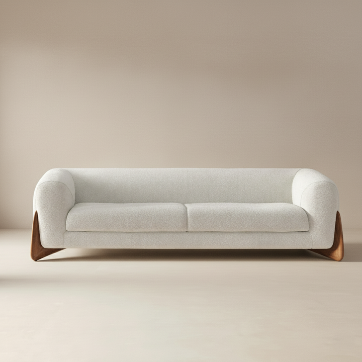 Boucle Sofa | Cream Couch With Wood Legs — Organic Modern Living Room