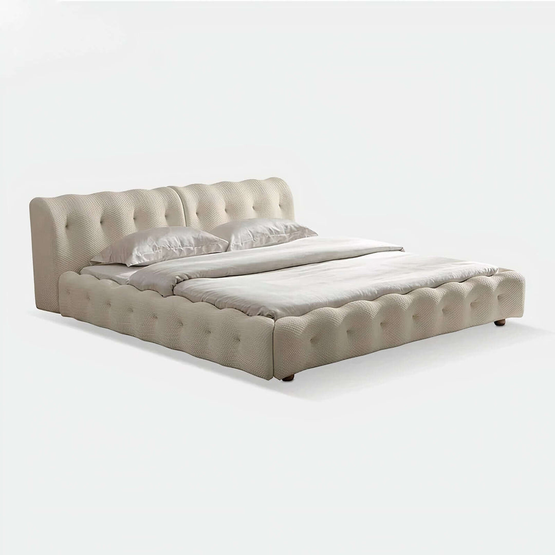 Queen Bed Frame With Headboard - Queen Size Bed with cream finish and tufted design, ideal for classic bedroom decor.