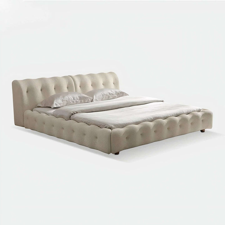 Queen Bed Frame With Headboard - Queen Size Bed with cream finish and tufted design, ideal for classic bedroom decor.