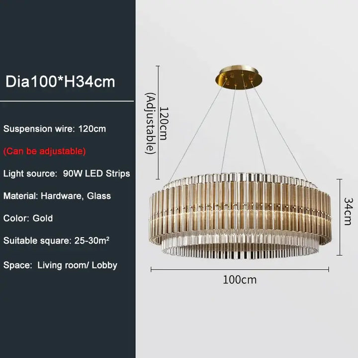 Gold round chandelier with crystal accents, adjustable height, ideal for living room or lobby. Dimensions: 100cm diameter, 34cm height.