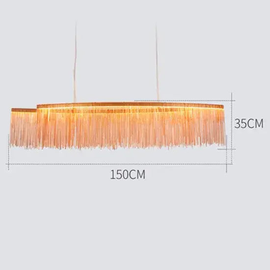 Linear chandelier with long tassel design, 150CM width, 35CM height, perfect for dining rooms and modern interiors.