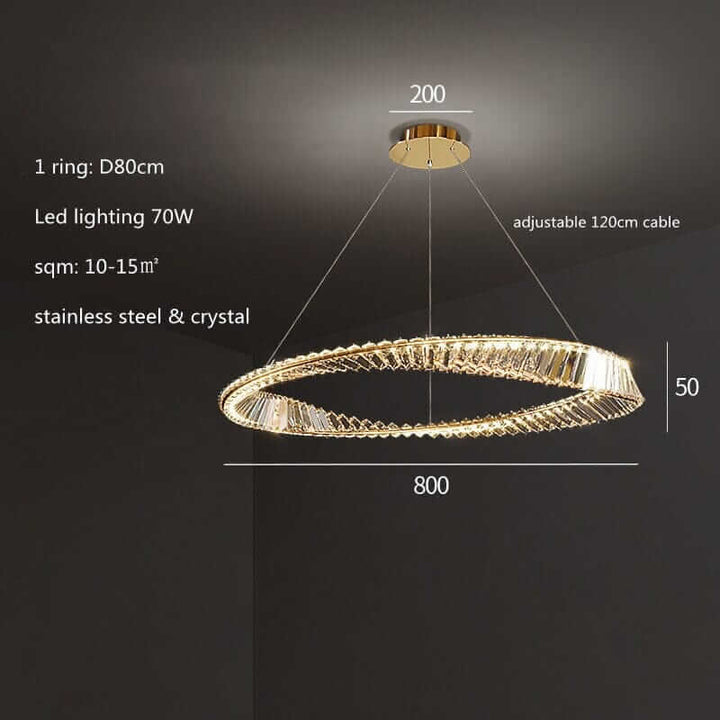 Gold chandelier with crystal design, adjustable height, LED lighting, ideal for luxurious living room ambiance.